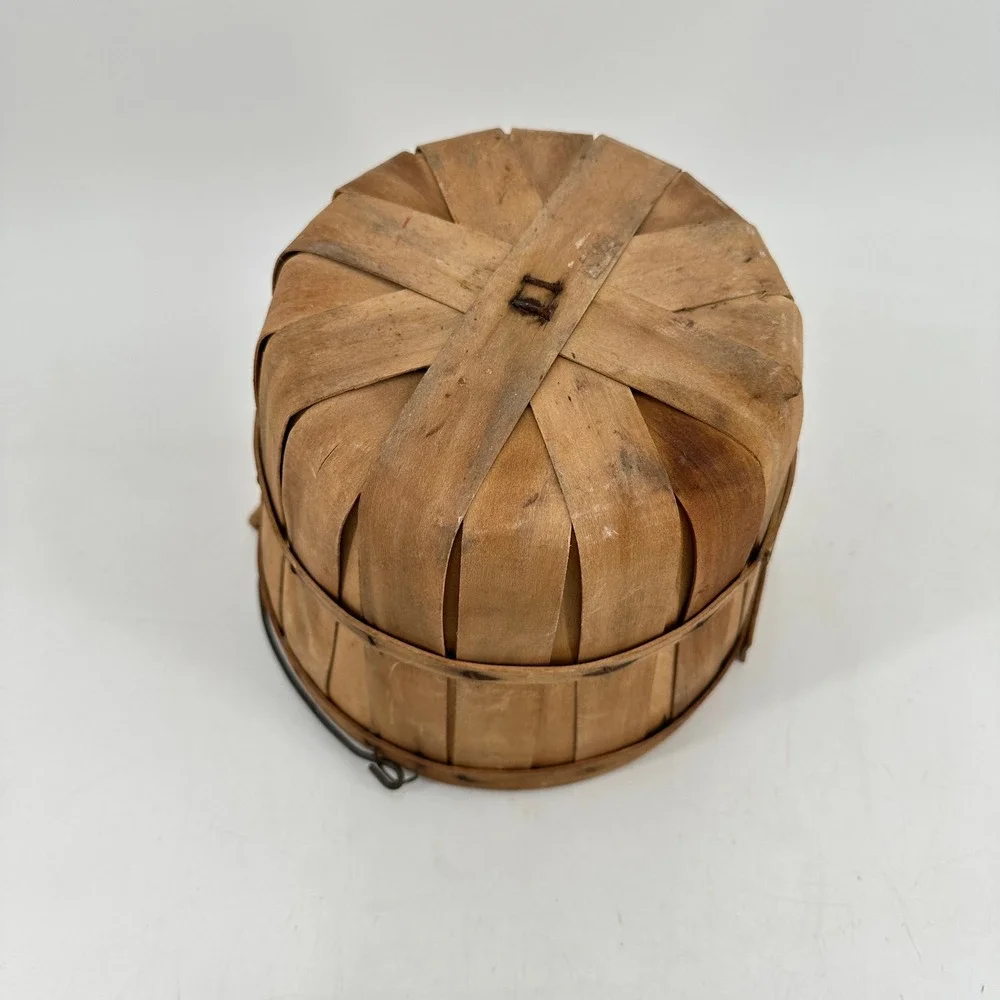 Vintage Wooden Slat Bushel Basket with Wire Handle Rustic Farmhouse Decor